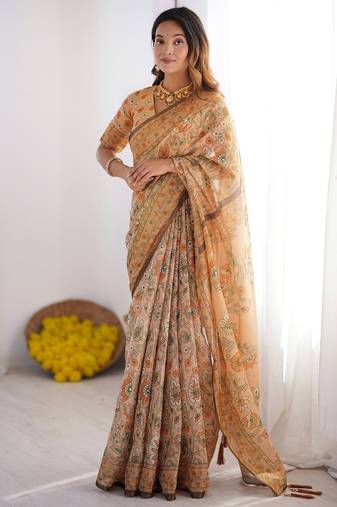 Printed handloom cotton saree for women with floral design and tassels