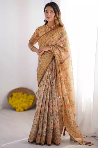 Printed handloom cotton saree for women with floral design and tassels