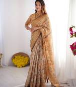 Printed handloom cotton saree for women with floral design and tassels