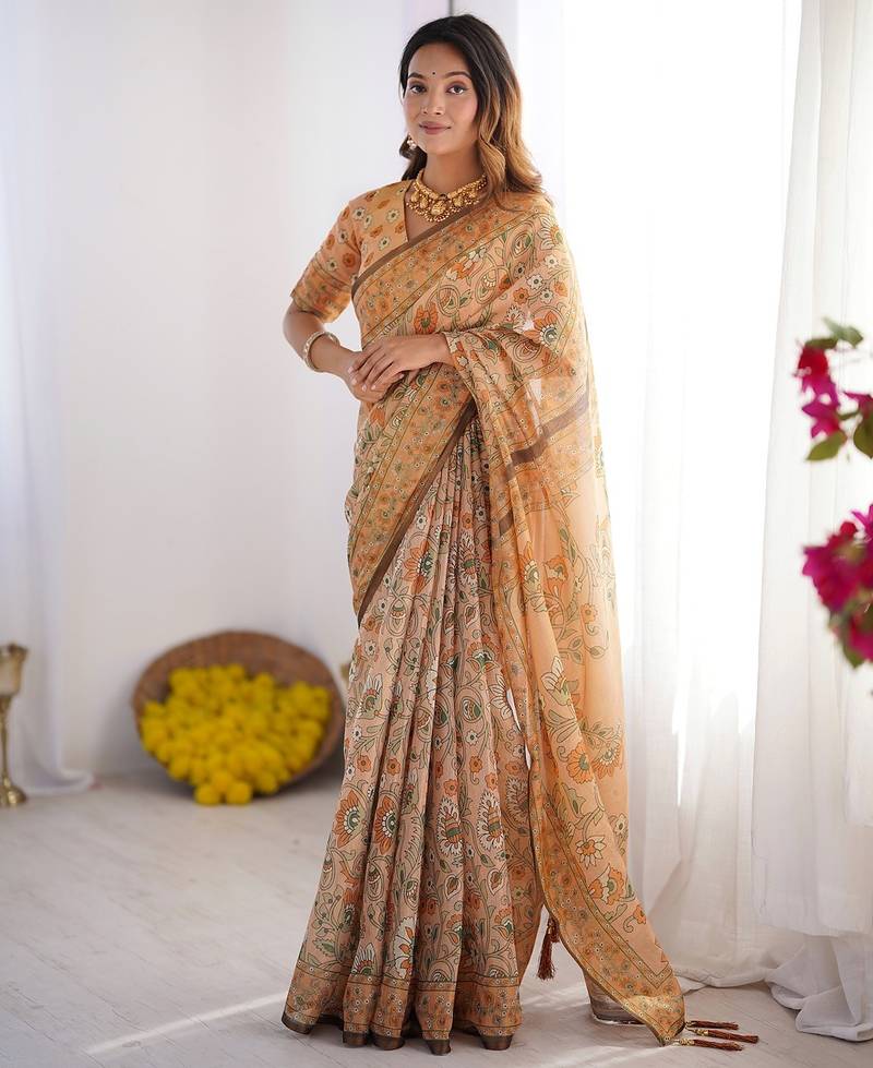 Printed handloom cotton saree for women with floral design and tassels