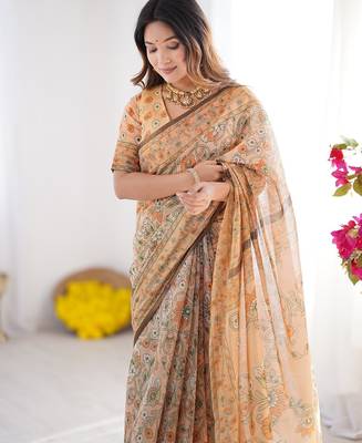 Printed handloom cotton saree for women with floral design and tassels 2