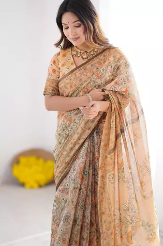 Printed handloom cotton saree for women with floral design and tassels