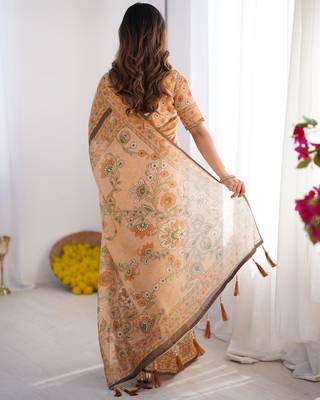 Printed handloom cotton saree for women with floral design and tassels 3