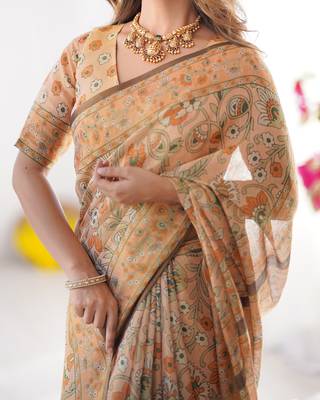 Printed handloom cotton saree for women with floral design and tassels 4