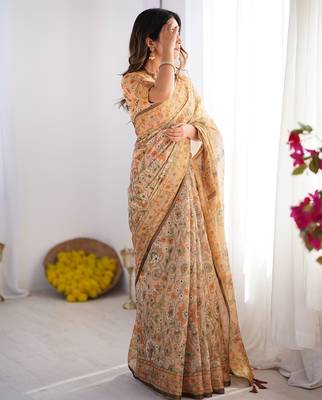 Printed handloom cotton saree for women with floral design and tassels 5