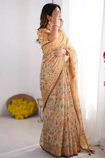 Printed handloom cotton saree for women with floral design and tassels