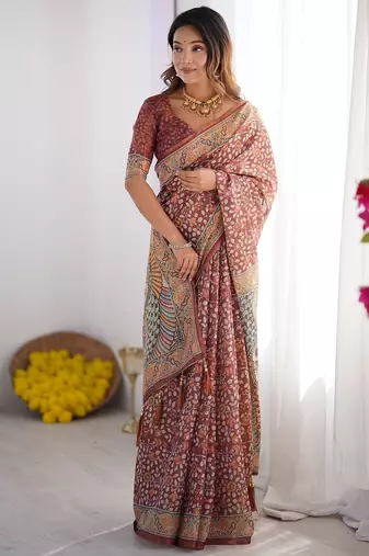 Everyday elegance handloom cotton floral saree with blouse piece – 5.5m