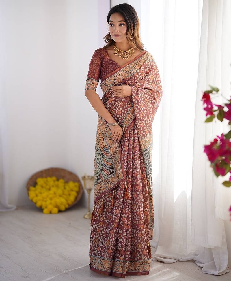 Everyday elegance handloom cotton floral saree with blouse piece     5.5m