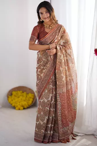 Soft handloom cotton saree with multicolor floral print and tassel edges