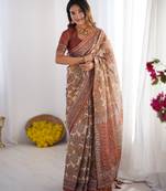 Soft handloom cotton saree with multicolor floral print and tassel edges