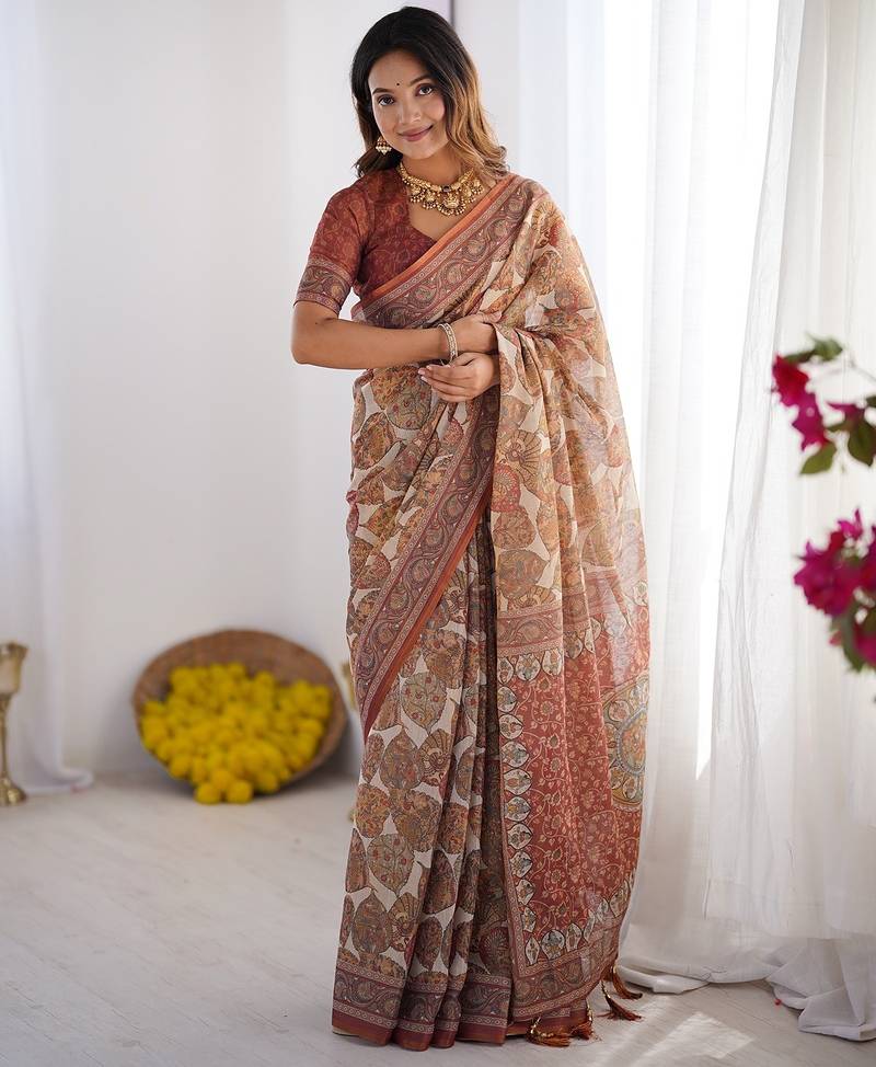 Soft handloom cotton saree with multicolor floral print and tassel edges