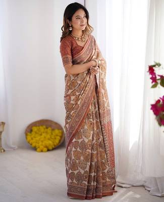 Soft handloom cotton saree with multicolor floral print and tassel edges 2