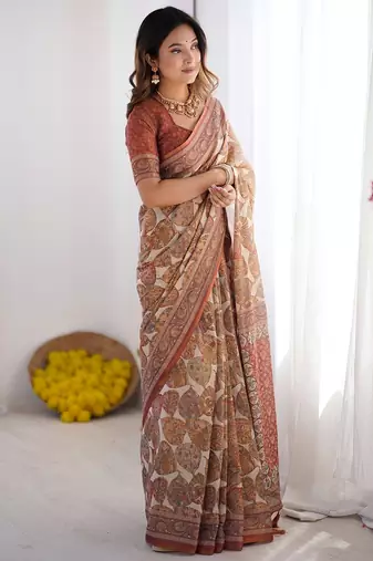Soft handloom cotton saree with multicolor floral print and tassel edges