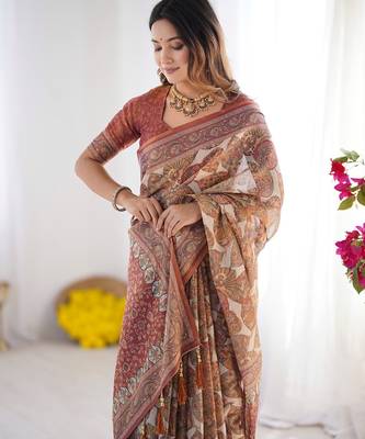 Soft handloom cotton saree with multicolor floral print and tassel edges 3