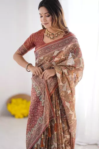 Soft handloom cotton saree with multicolor floral print and tassel edges
