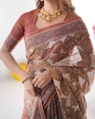 Soft handloom cotton saree with multicolor floral print and tassel edges 4