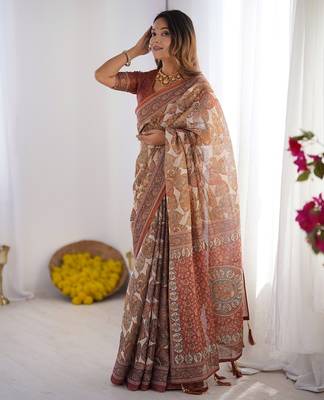 Soft handloom cotton saree with multicolor floral print and tassel edges 5