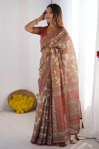 Soft handloom cotton saree with multicolor floral print and tassel edges
