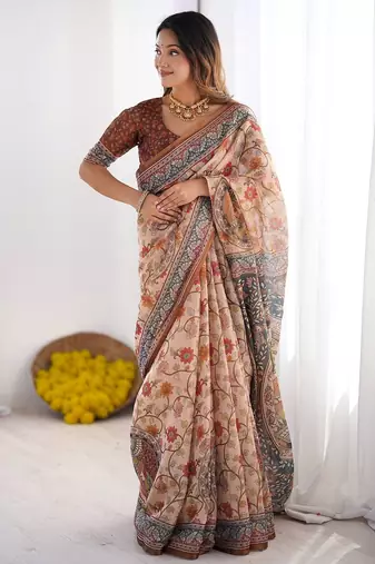 Stylish cotton handloom saree with floral digital print and tassels – 5.5m + 0.8m