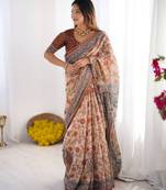 Stylish cotton handloom saree with floral digital print and tassels     5.5m + 0.8m