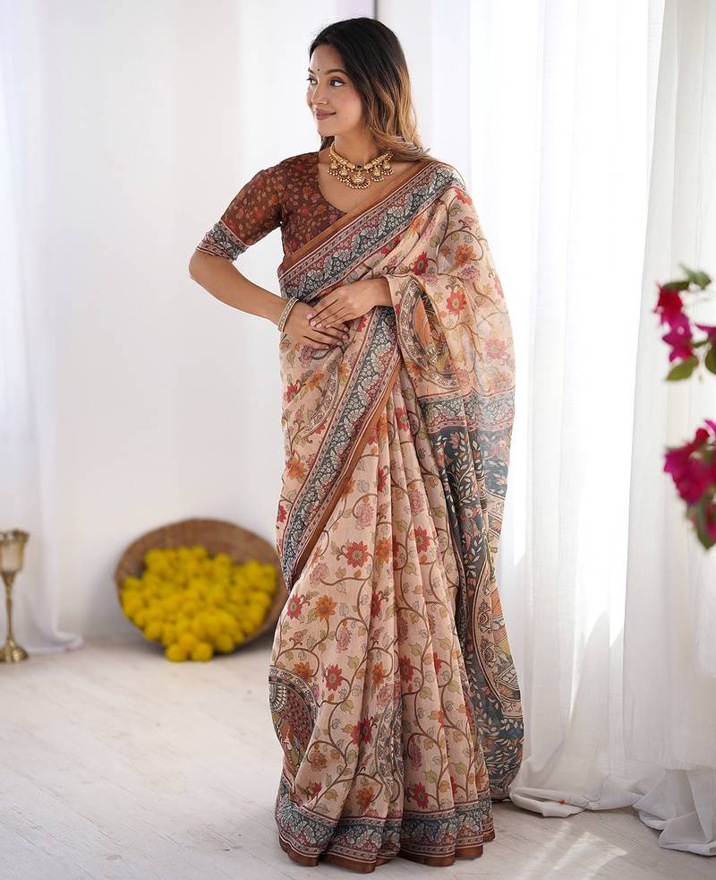 Stylish cotton handloom saree with floral digital print and tassels     5.5m + 0.8m