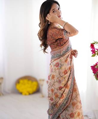 Stylish cotton handloom saree with floral digital print and tassels     5.5m + 0.8m 2