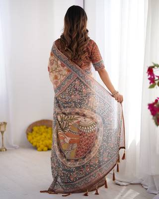 Stylish cotton handloom saree with floral digital print and tassels     5.5m + 0.8m 3