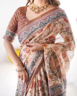 Stylish cotton handloom saree with floral digital print and tassels     5.5m + 0.8m 4