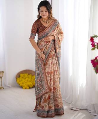 Stylish cotton handloom saree with floral digital print and tassels     5.5m + 0.8m 5