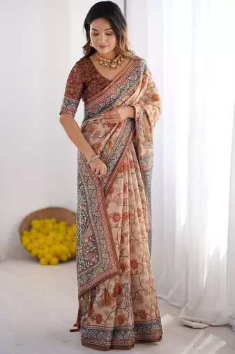 Stylish cotton handloom saree with floral digital print and tassels     5.5m + 0.8m