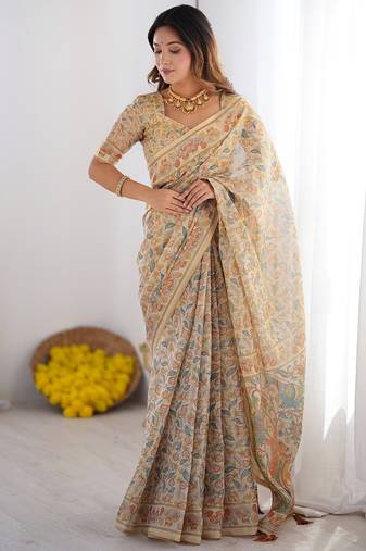 Festive ready handloom cotton saree with floral artwork & matching blouse