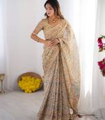 Festive ready handloom cotton saree with floral artwork & matching blouse