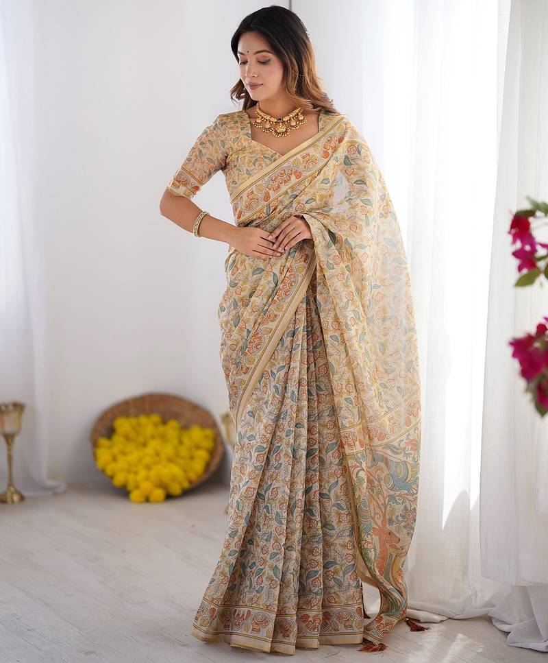 Festive ready handloom cotton saree with floral artwork & matching blouse