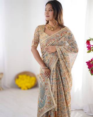 Festive ready handloom cotton saree with floral artwork & matching blouse 2