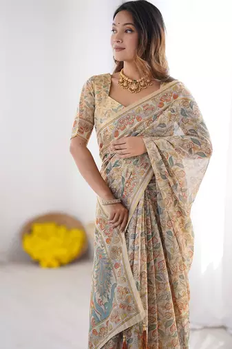 Festive ready handloom cotton saree with floral artwork & matching blouse