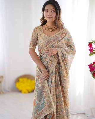 Festive ready handloom cotton saree with floral artwork & matching blouse 3