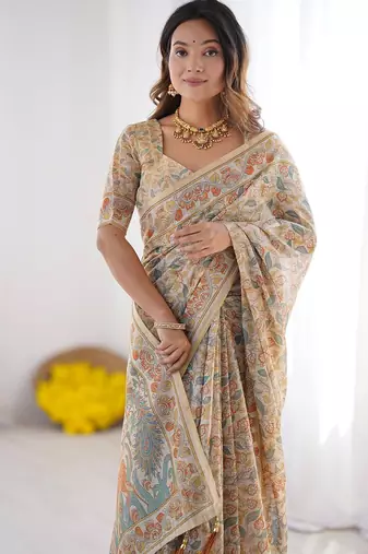 Festive ready handloom cotton saree with floral artwork & matching blouse