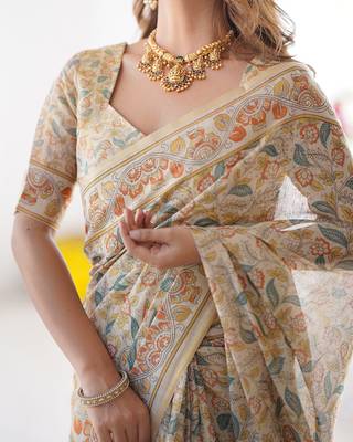 Festive ready handloom cotton saree with floral artwork & matching blouse 4