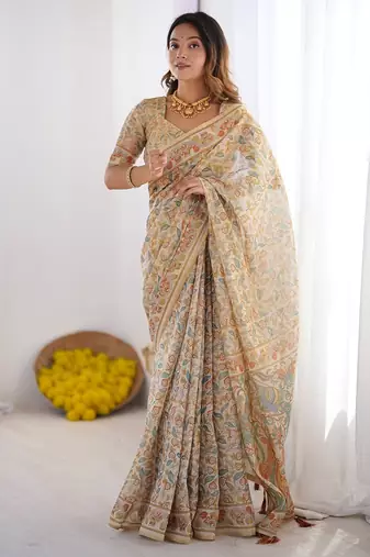Festive ready handloom cotton saree with floral artwork & matching blouse