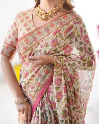Handloom cotton floral printed saree with tassels & attached blouse     5.5m 2
