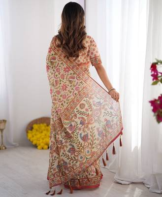 Handloom cotton floral printed saree with tassels & attached blouse     5.5m 3