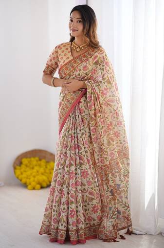 Handloom cotton floral printed saree with tassels & attached blouse – 5.5m