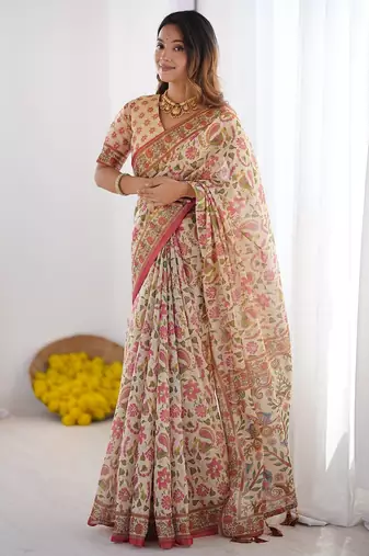 Handloom cotton floral printed saree with tassels & attached blouse – 5.5m