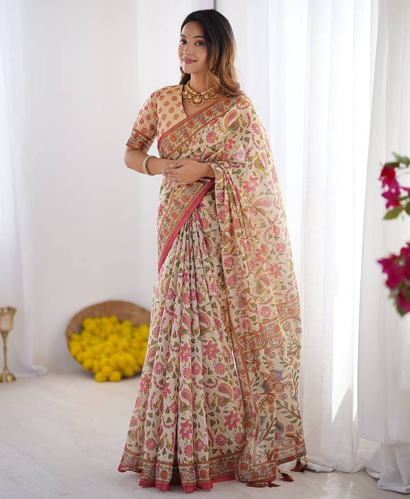 Handloom cotton floral printed saree with tassels & attached blouse     5.5m