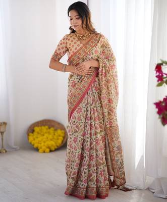 Handloom cotton floral printed saree with tassels & attached blouse     5.5m 4