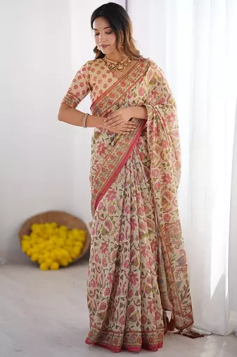 Handloom cotton floral printed saree with tassels & attached blouse     5.5m