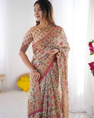 Handloom cotton floral printed saree with tassels & attached blouse     5.5m 5