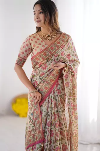 Handloom cotton floral printed saree with tassels & attached blouse     5.5m
