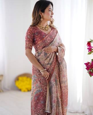Elegant handloom cotton saree with floral print & tassel edges     5.5m + 0.8m blouse 2