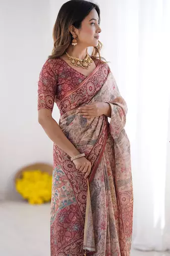 Elegant handloom cotton saree with floral print & tassel edges     5.5m + 0.8m blouse